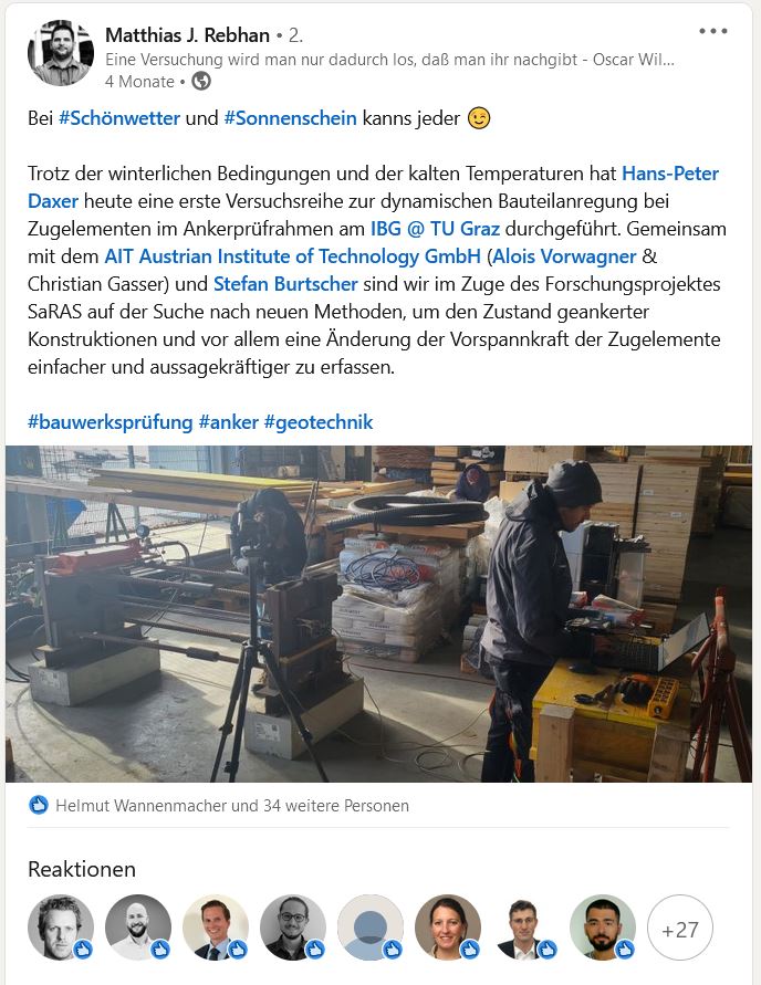 LinkedIn-Post von Rebhan zur Erfassung der Vorspannkraft bei Litzenankern. Credit: Rebhan